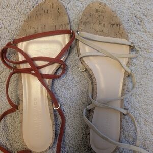 Club Monaco Red and Beige Strappy Cork Flat Sandals